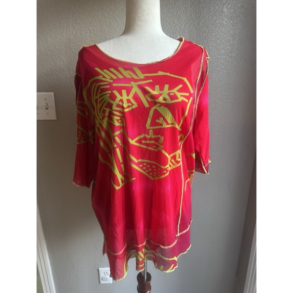 Alain Weiz Tunic Top Sheer‎ Mesh Stretch Layered Red Funky Artsy Abstract 2XL XL - Picture 1 of 6
